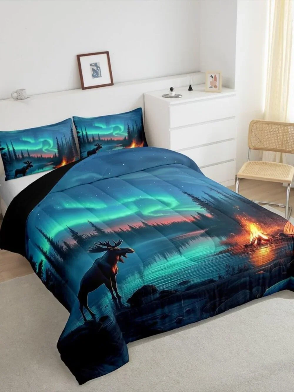 Aurora Moose Bedding Set Queen,Rustic Country Cabin Comforter Set for Kids Adult